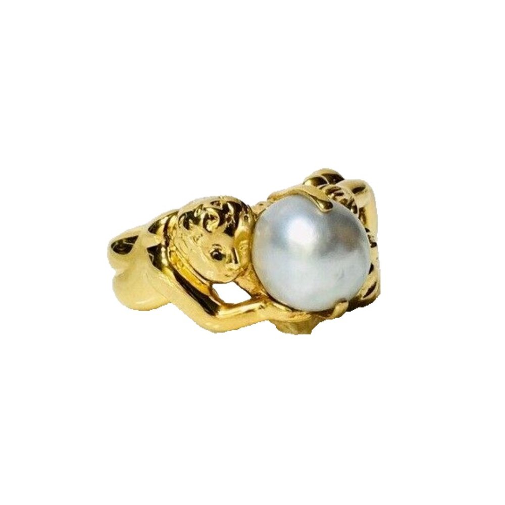 Large 14k Gold Cherub Pearl Statement Ring